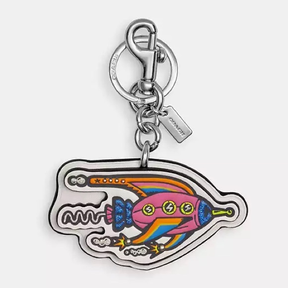 Coach Cosmic Rocket Bag Charm Keychain in Silver/Chalk Multi Smooth Leather NWT - Picture 6 of 8
